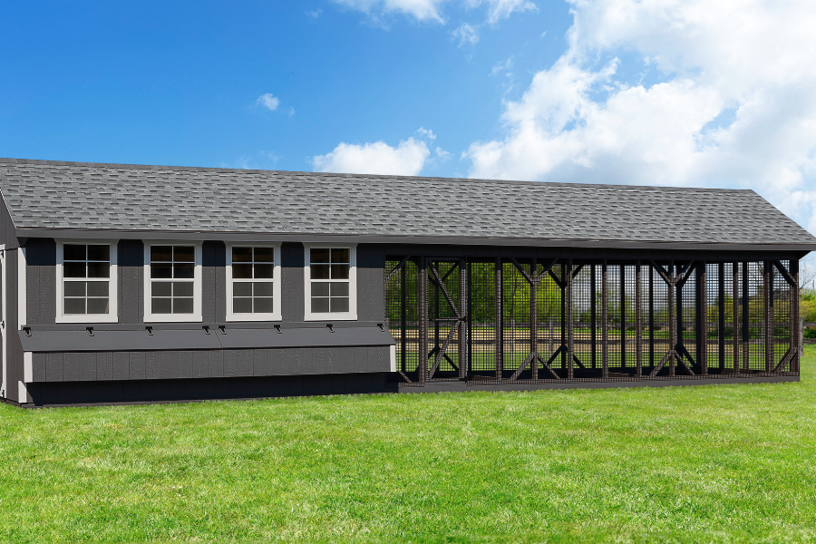 gray chicken coops for sale in Little Rock AR with white trim and shingle roof