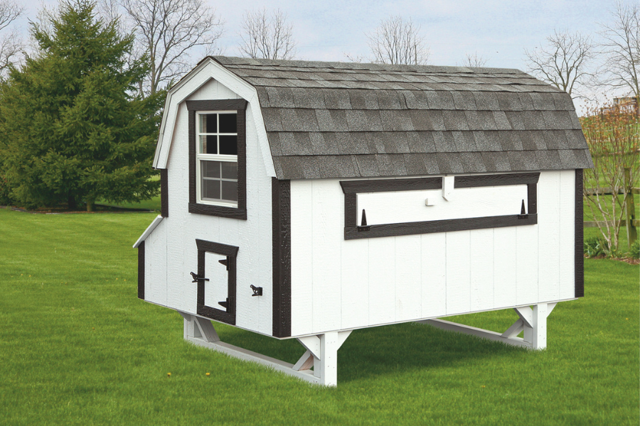 white dutch chicken coop with black trim and gray shingle roof