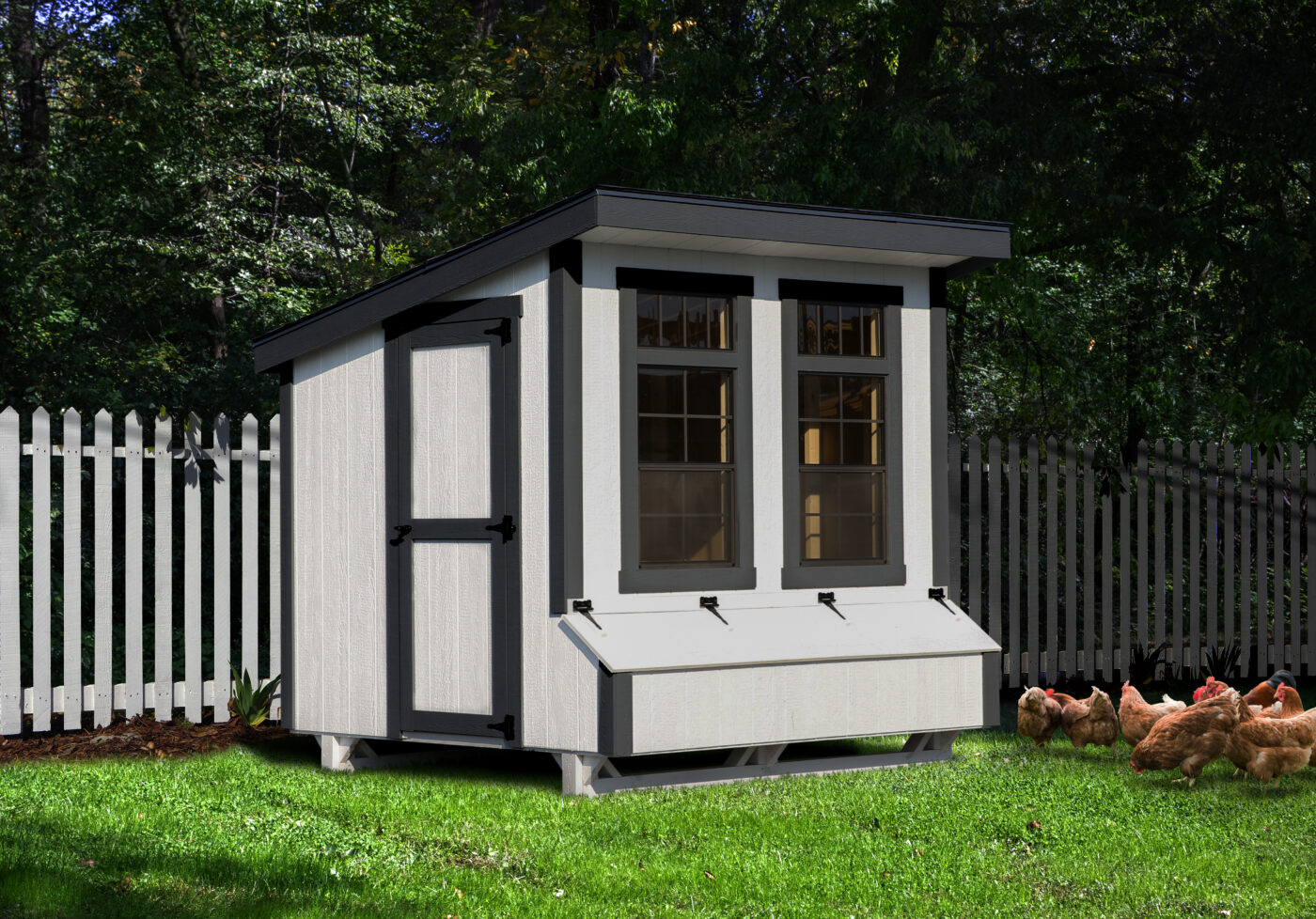 small white modern lean to chicken coops for slae in Kansas City KS with dark trim and two large front windows