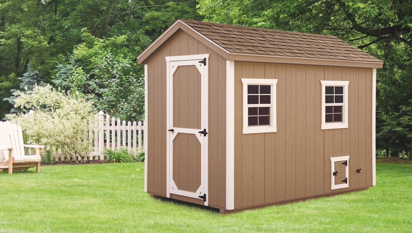 tan wooden chicken coops for sale in Wichita KS with white trim and A frame roof