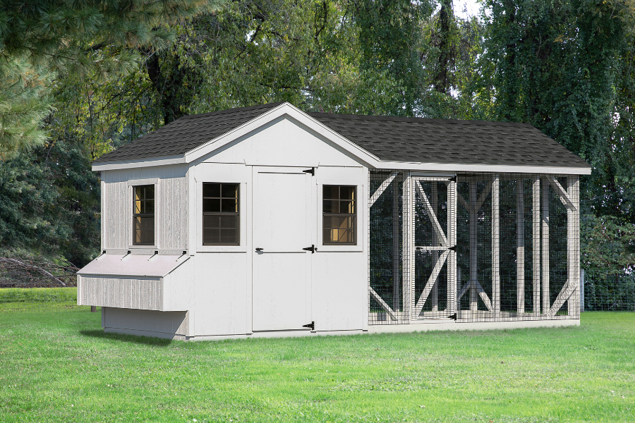 gray combination chicken coops for sale in Louisville KY with shingle roof attached run and egg collection box on the side