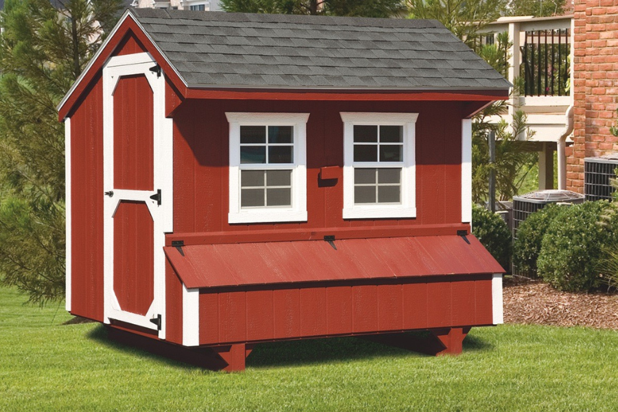 red quaker chicken coops for sale in Bowling Green KY with white trim and shingle roof