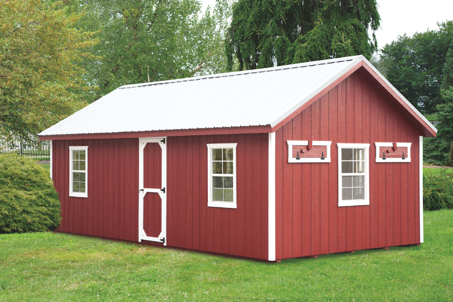 red a frame chicken coops for sale in Lexington KY with white trim and white metal roof
