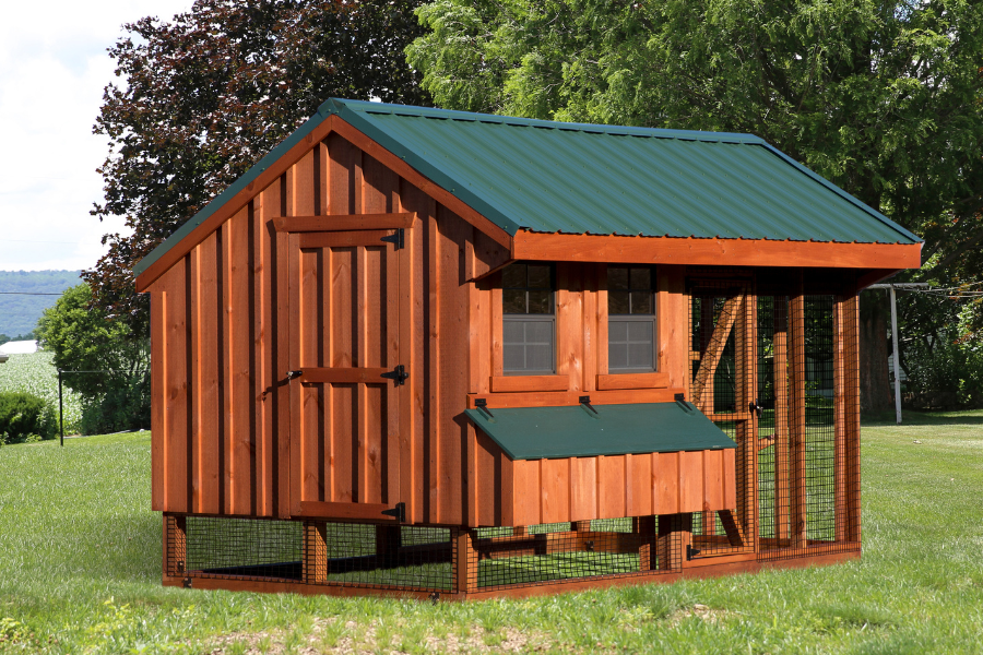 wooden combination chicken coops for sale in Lexington KY with green metal roof two front windows with green lidded egg collection box below and an attached run