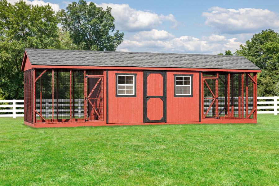 red and black trimmed combination chicken coops for sale in Lexington KY with attached runs on either side and shingle roof