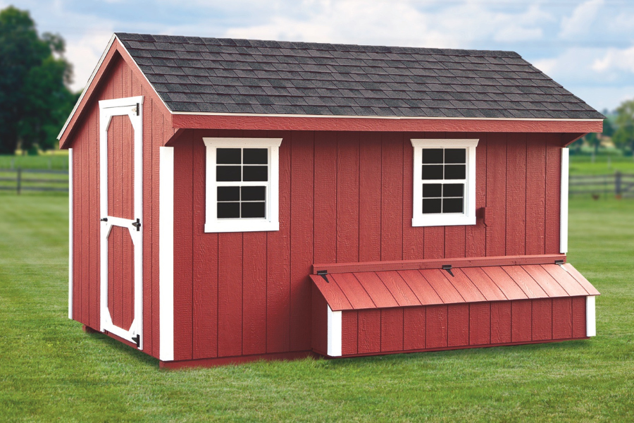 red quaker chicken coop with white trim
