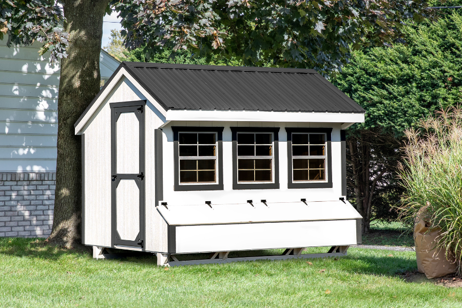 white and black trimmed quaker chicken coop with black metal roof three windows and two egg collection boxes