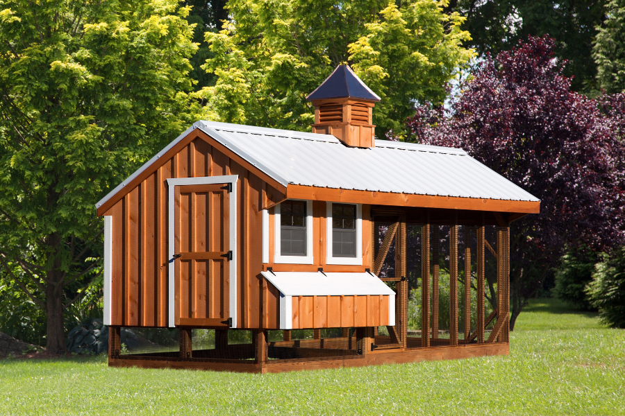 wooden combination chicken coop with white metal roof white trim and cupola