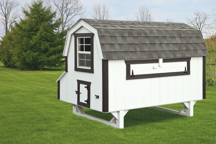 white dutch chicken coop with black trim and curved shingle roof raised off ground
