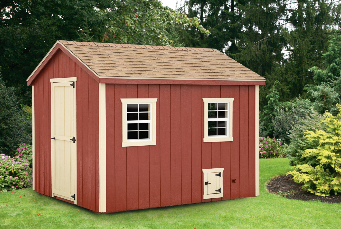 red a frame coop with tan trim side door and chicken door and shingle roof