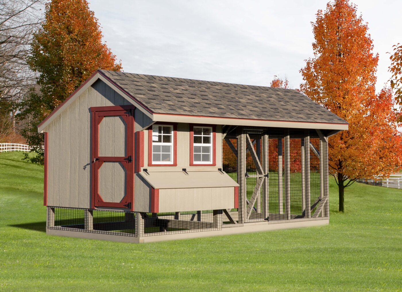 tan and red trimmed combination chicken coops for sale in Columbia MD with two windows an egg collection box side door and outdoor run