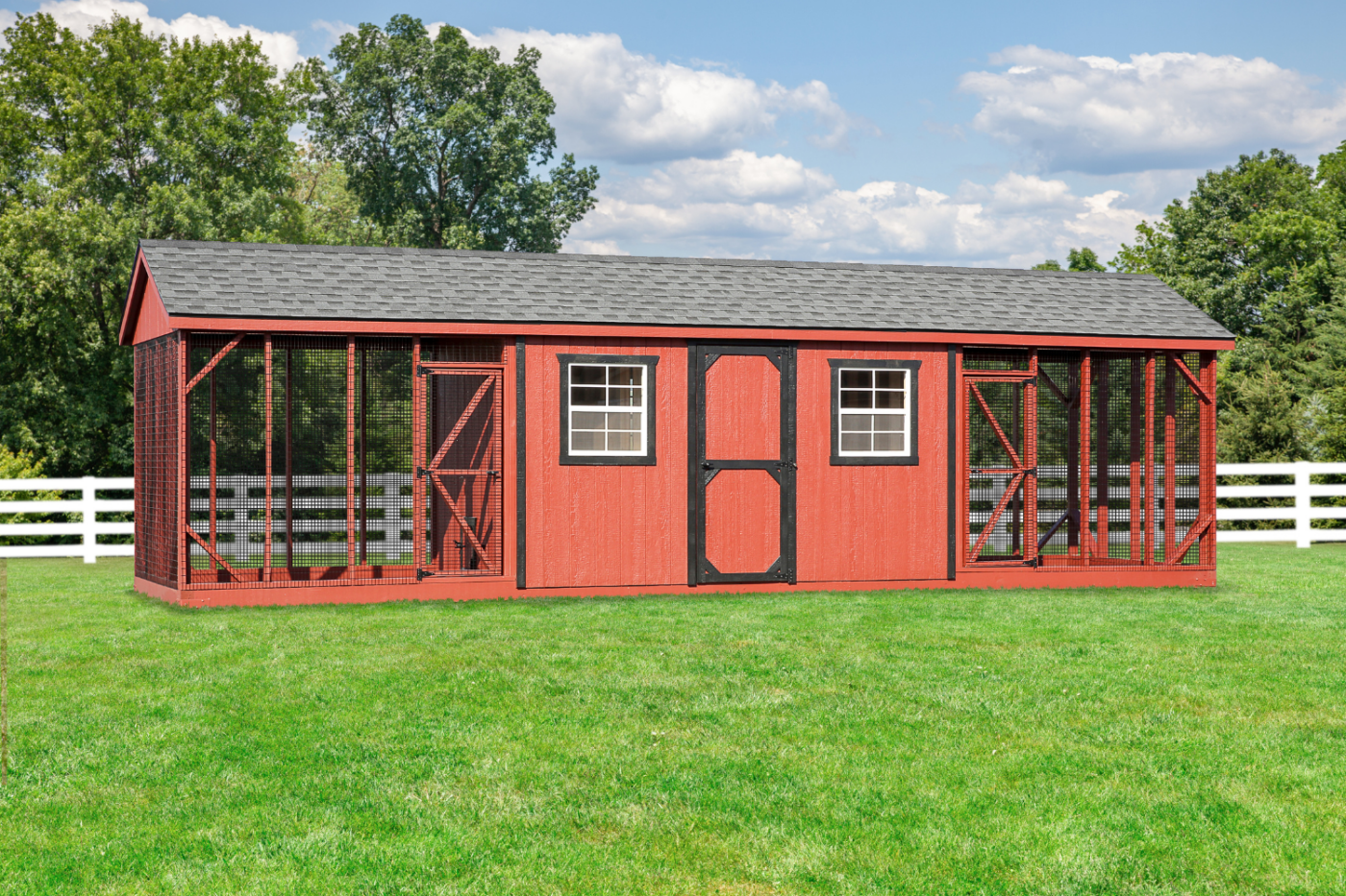 red combination coop with outdoor runs on both sides in great falls mt