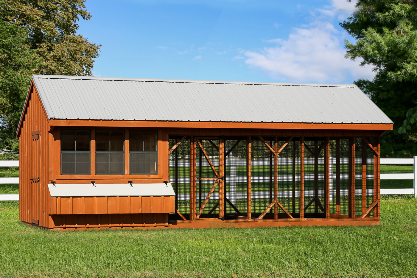 orange combo chicken coop with outdoor run in montana