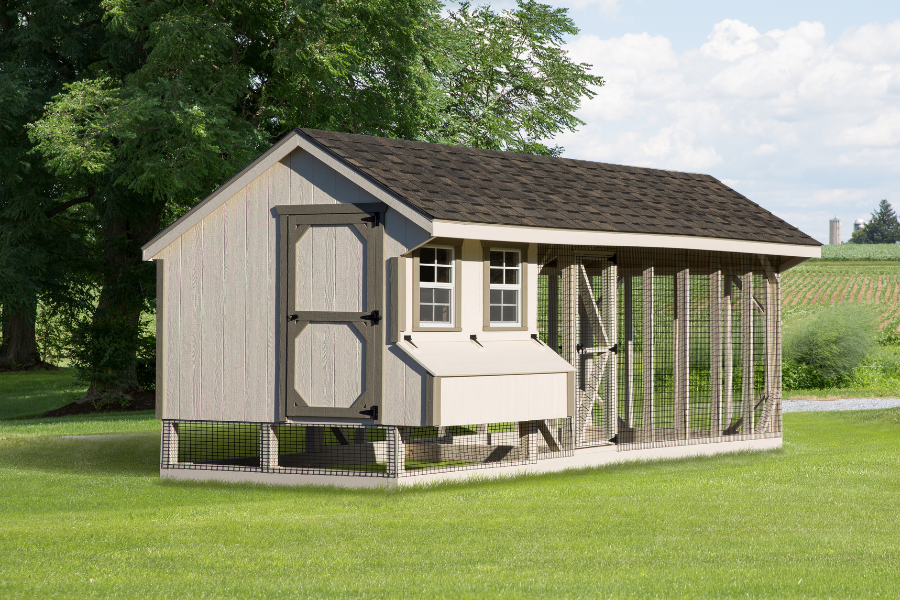 tan combination chicken coops for sale in Rio Rancho NM with gray and tan trim and an attached run