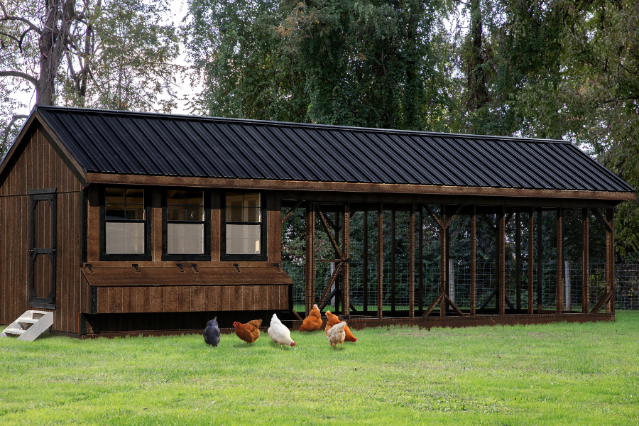 brown combination chicken coops for sale in Las Cruces NM with black trim and metal roofing