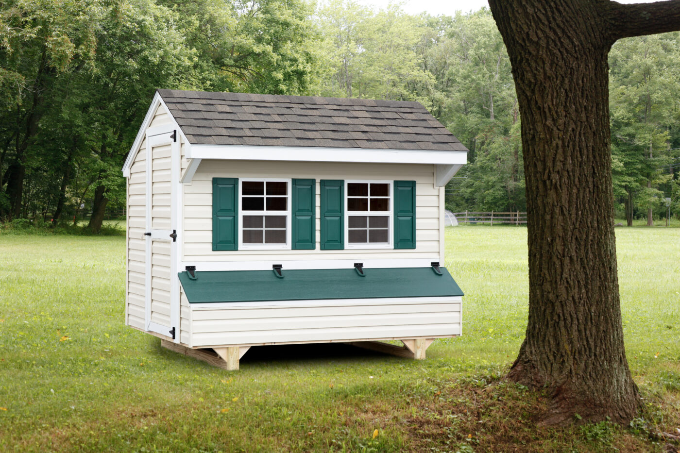 white quaker coops with green shutters and top to egg collection basket