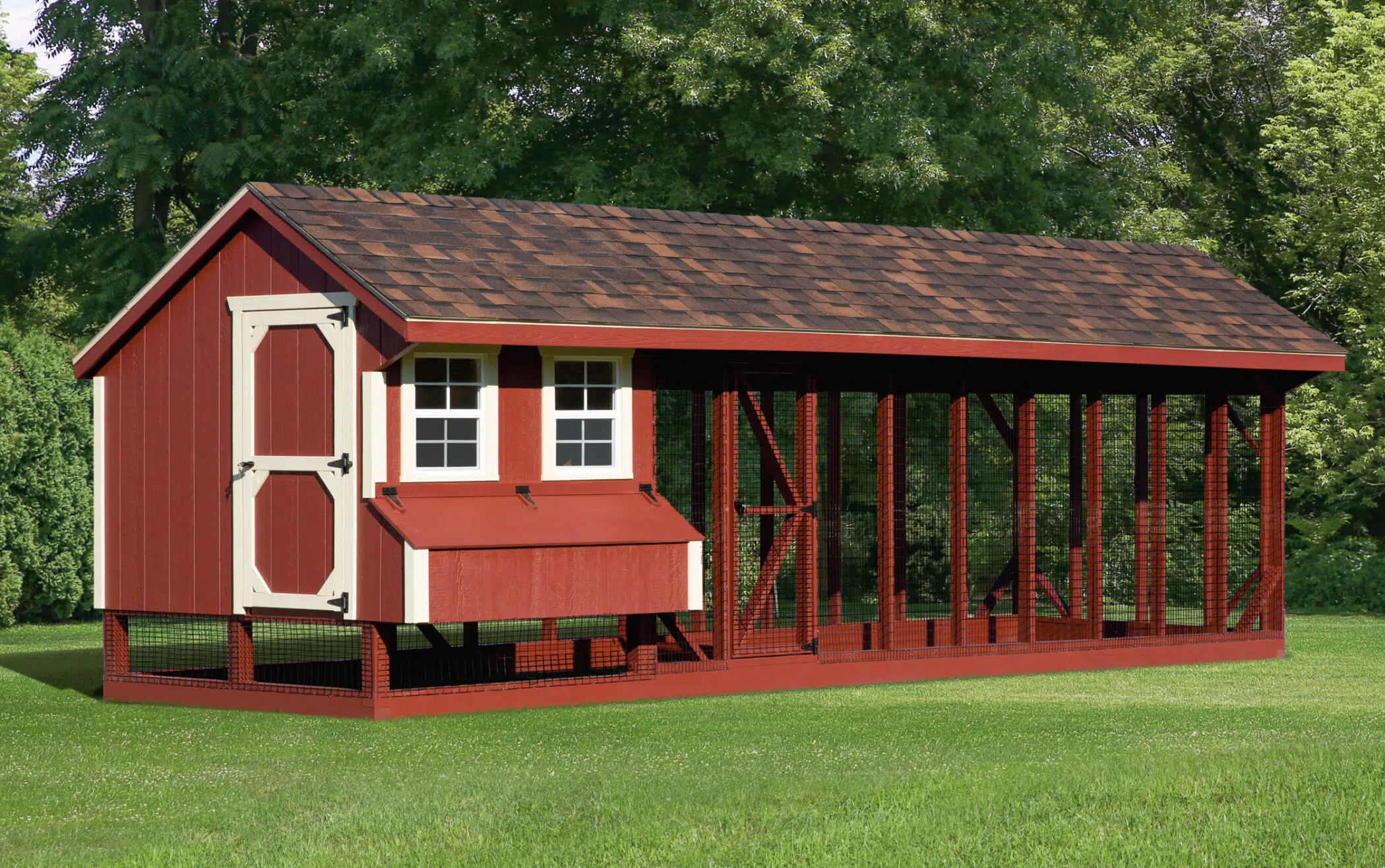 red and white trimmed combination chicken coops for sale in Raleigh NC with an outdoor run
