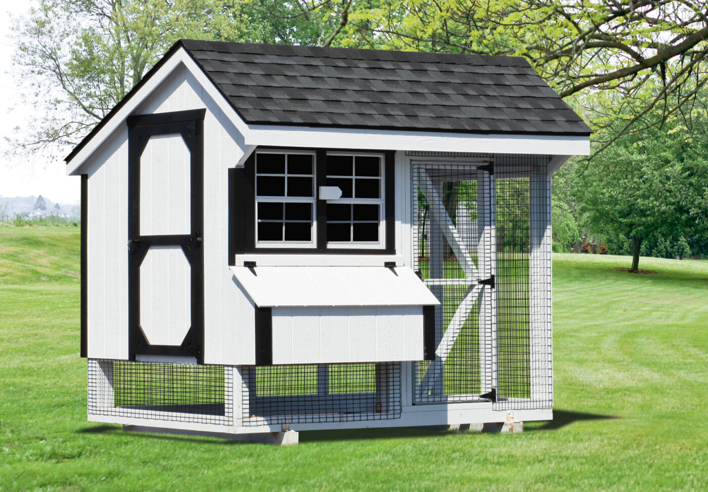 white and black trimmed combination chicken coops in North Carolina