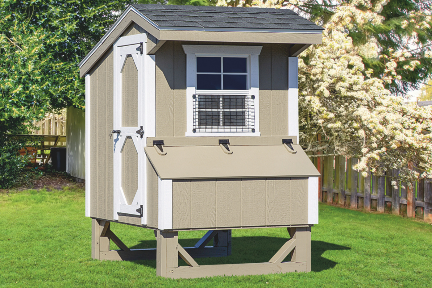 beige quaker chicken coop with window in eugene or