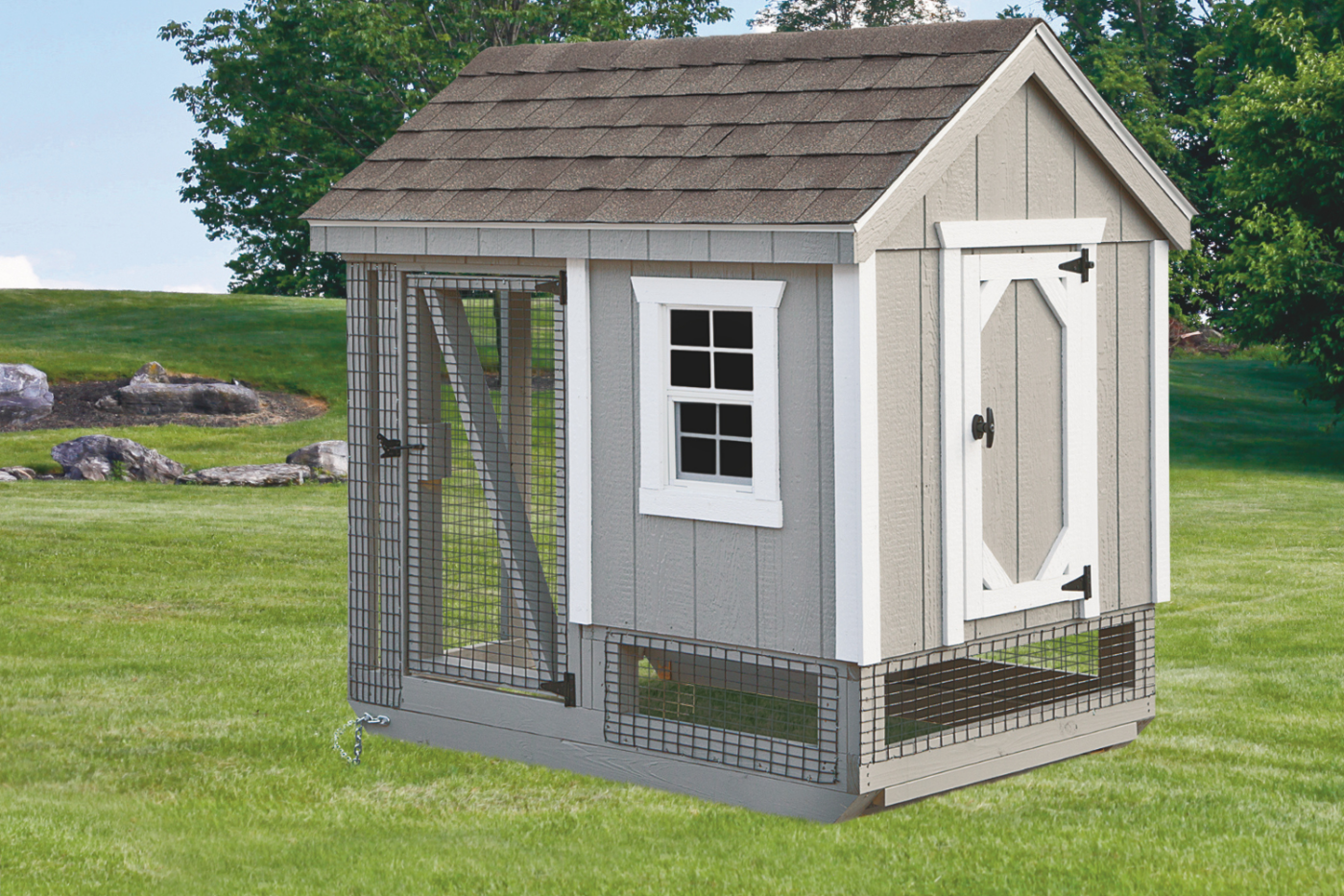 gray and white combination chicken coop with outdoor run in portland or