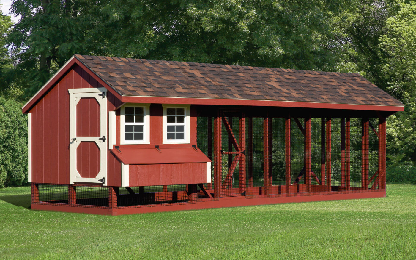 red and white trimmed combination chicken coops for sale in Columbia SC with outdoor run