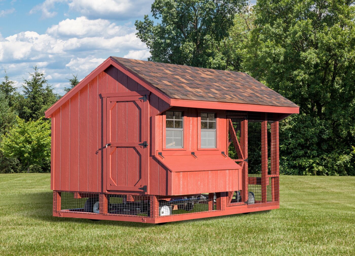 red combination coop with side door two windows and egg collection box underneath featuring an outdoor run