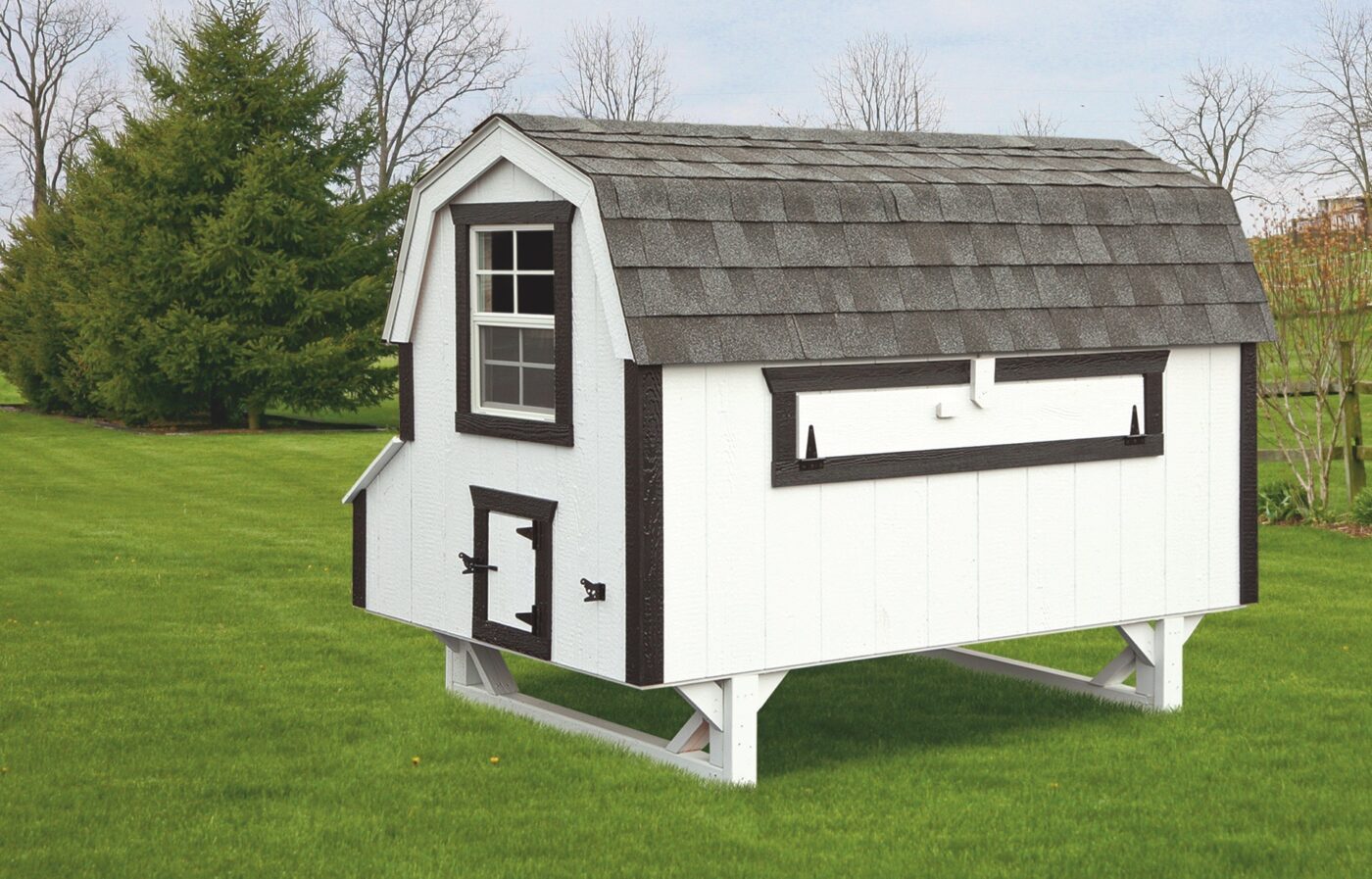 white dutch chicken coops in South Carolina with shingle roof and brown trim