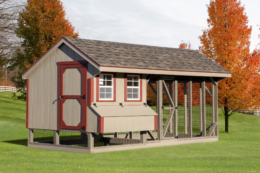 tan combination chicken coops for sale in Knoxville TN with red trim two windows one egg collection box and an attached run