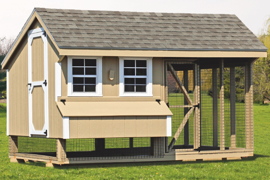 tan combination chicken coops for sale in Memphis TN with white trim shingle roof and an attached run