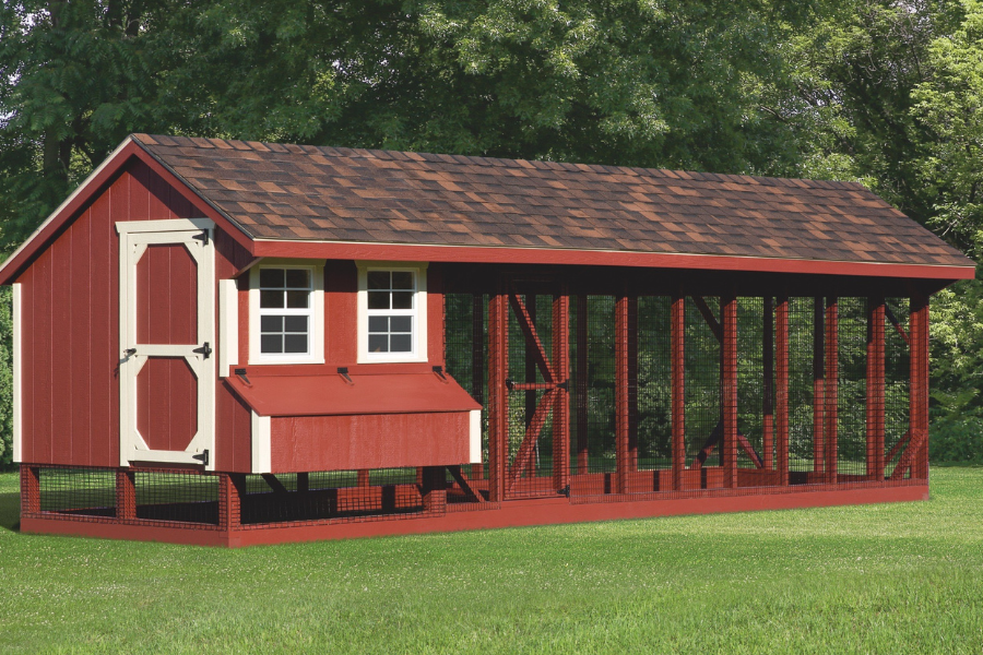 red and white trimmed chicken coops for sale in Knoxville TN with attached run and shingle roof