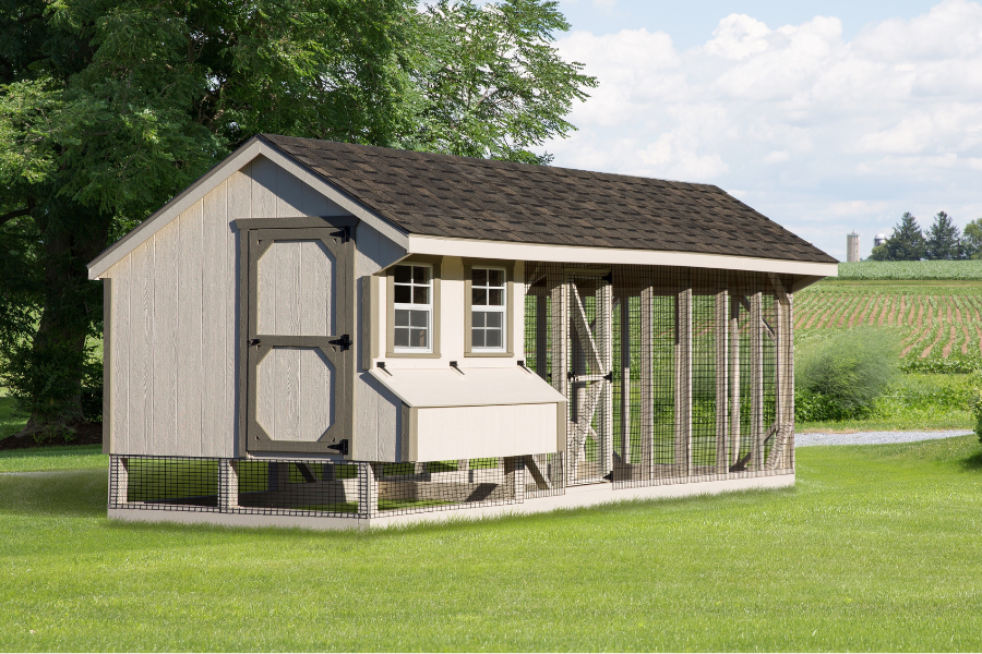 whitish gray colored combination chicken coops for sale in Memphis TN with tan trim shingle roof and an attached run