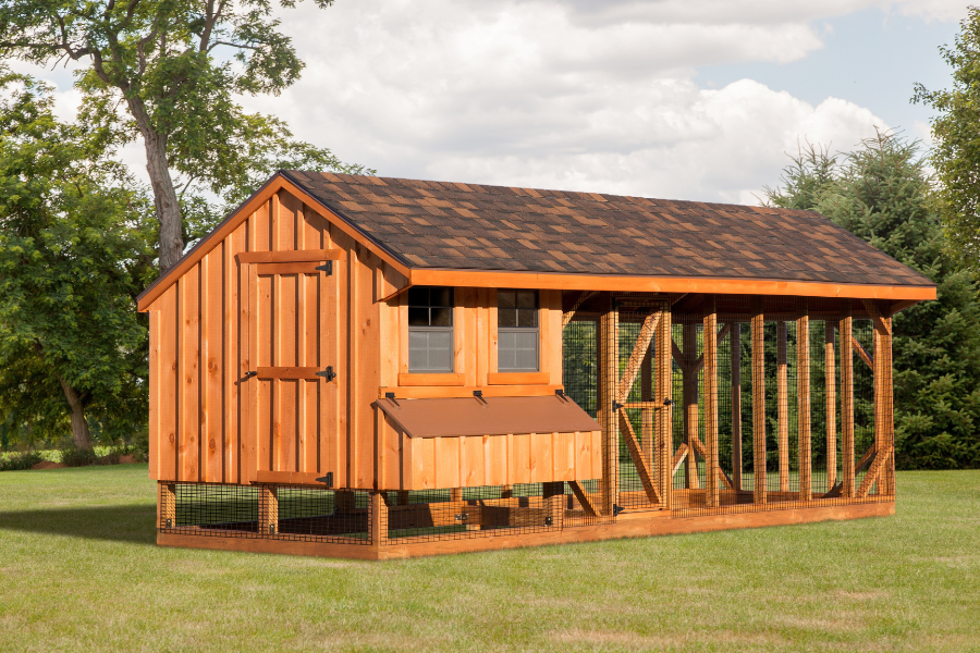 wooden combination chicken coops for sale in Nashville TN with attached run two windows and egg collection box with reddish lid