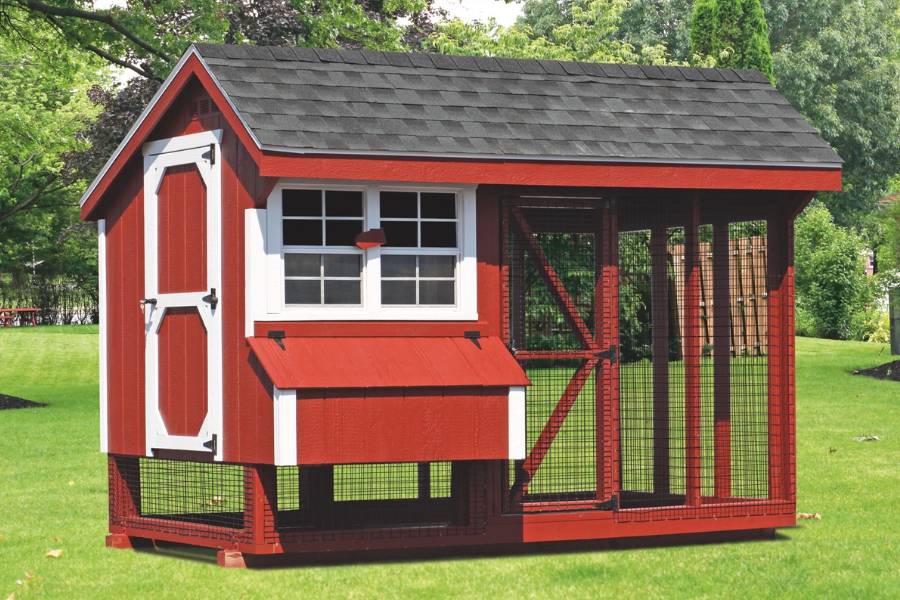 red and white trimmed combination chicken coop with attached run
