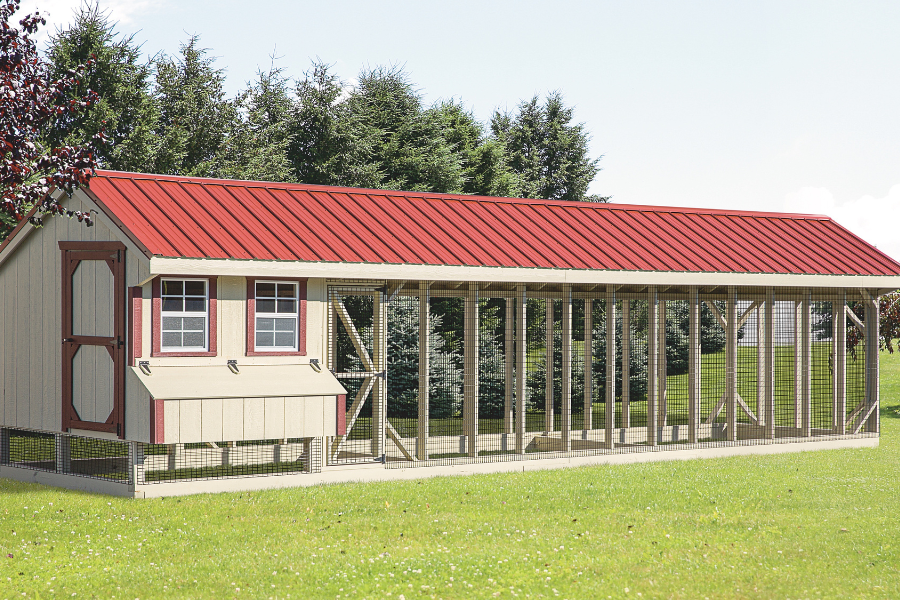tan and red trimmed combination chicken coops for sale in San Antonio TX with red metal roof