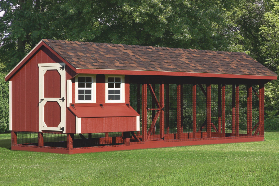 red combination chicken coops for sale in Houston TX with white trim