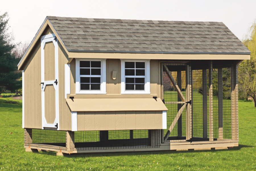 tanyellow combination chicken coops for sale in Dallas TX with white trim and an attached run