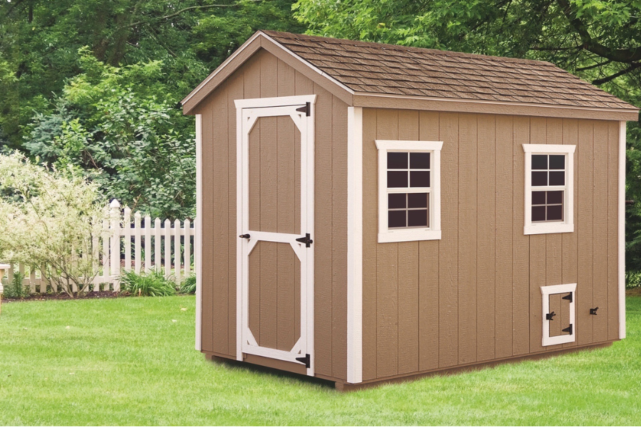 tan a frame chicken coop with white trim in Texas