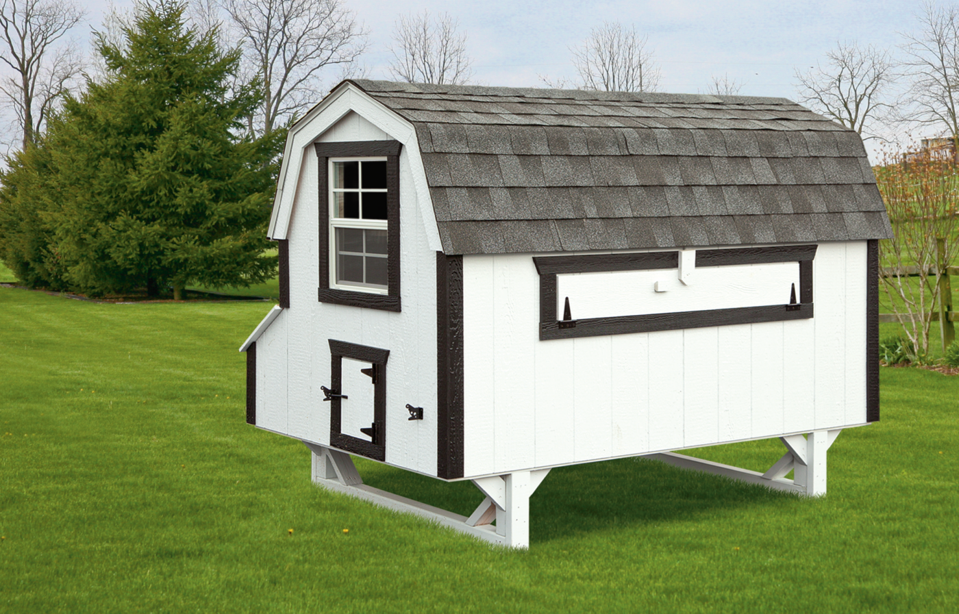 A white Dutch Chicken Coop with a barn-style roof and black trim in Utah state.