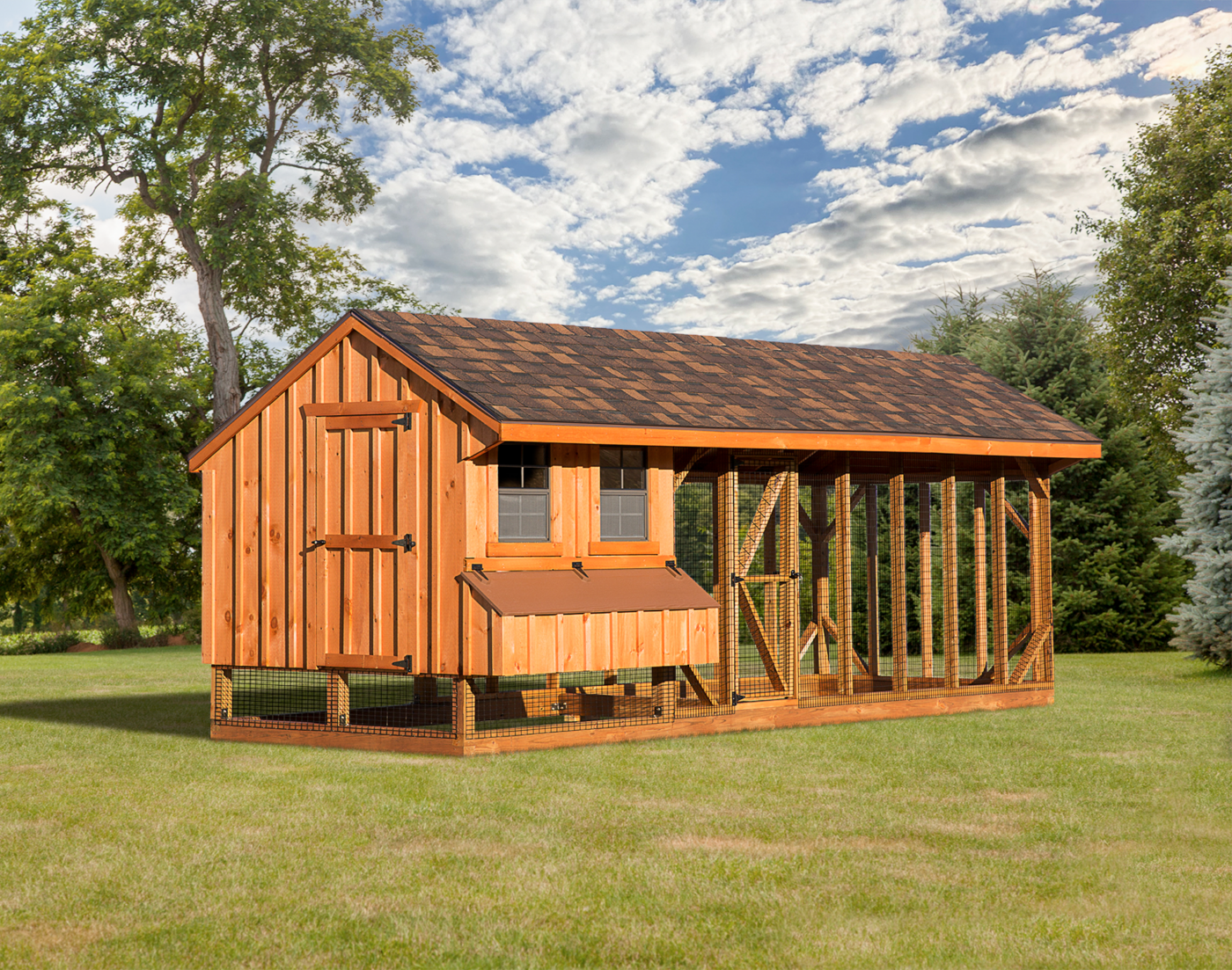 A Quacker Combination Chicken Coop with Board & Batt Siding and brown shingles in Utah.