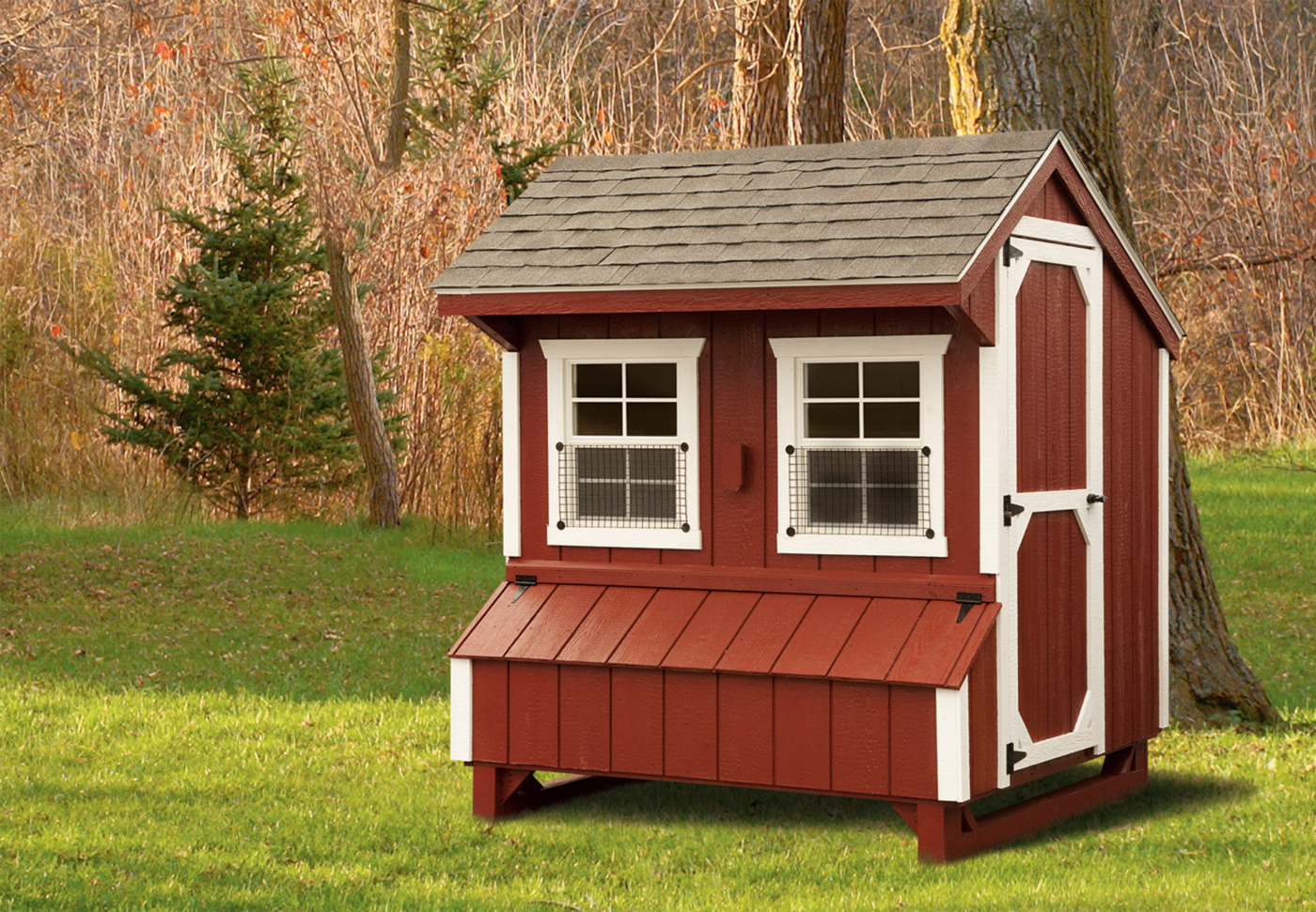 A Red Quaker Chicken Coop with LP Smart Siding and White Trim in Utah.