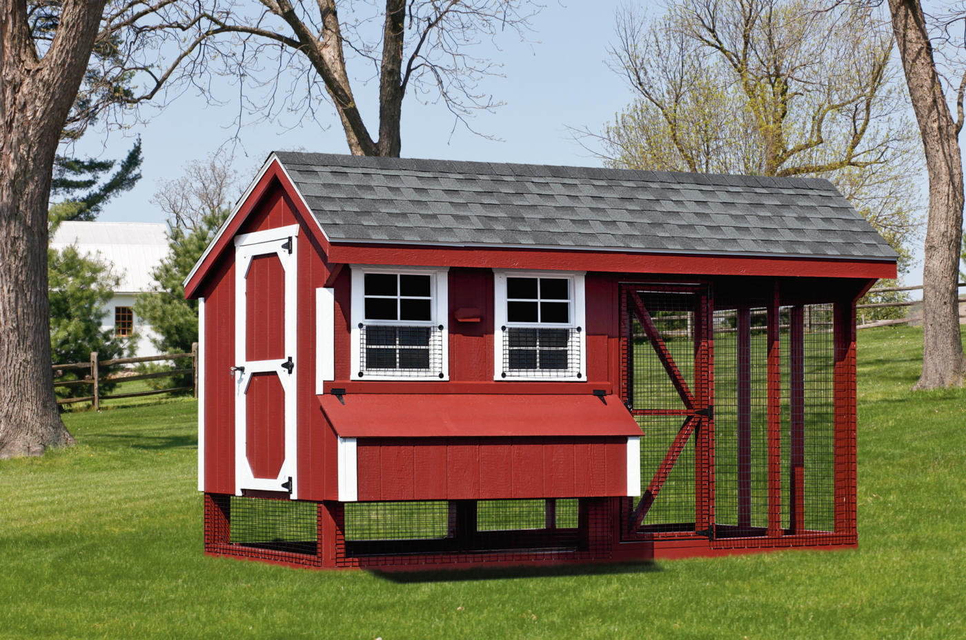 A red combination chicken coop with white trim available for delivery in Wes Valley City UT.