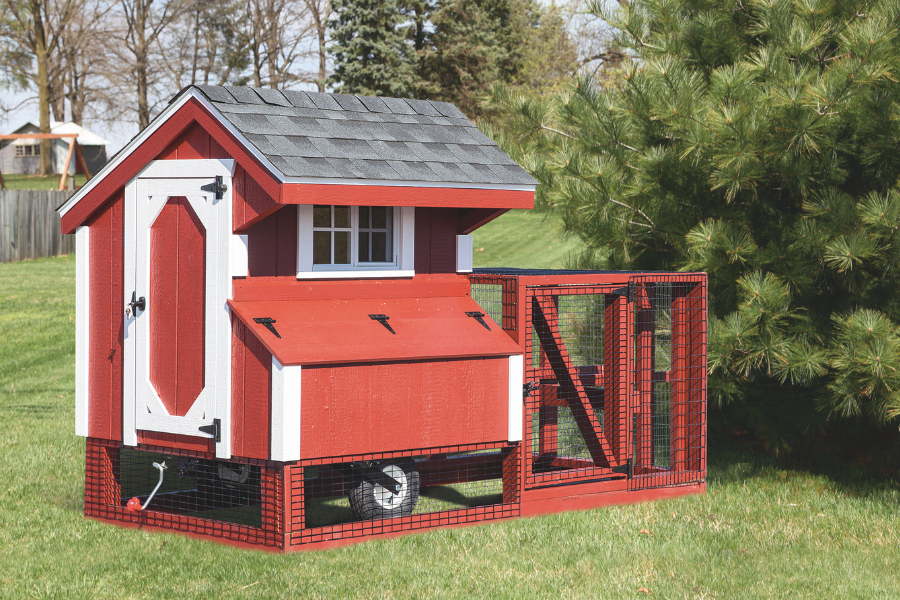 red tractor chicken coops for sale in Arlington VA with white trim shingle roof wheels and an attached run