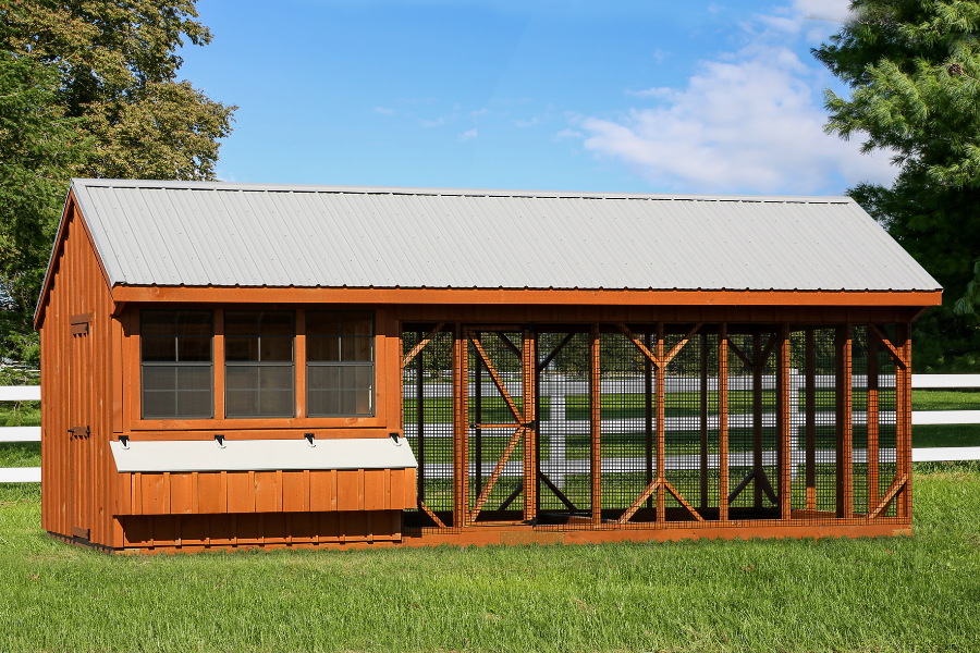 wooden chicken coops for sale in Chesapeake VA with gray metal roof and an attached run