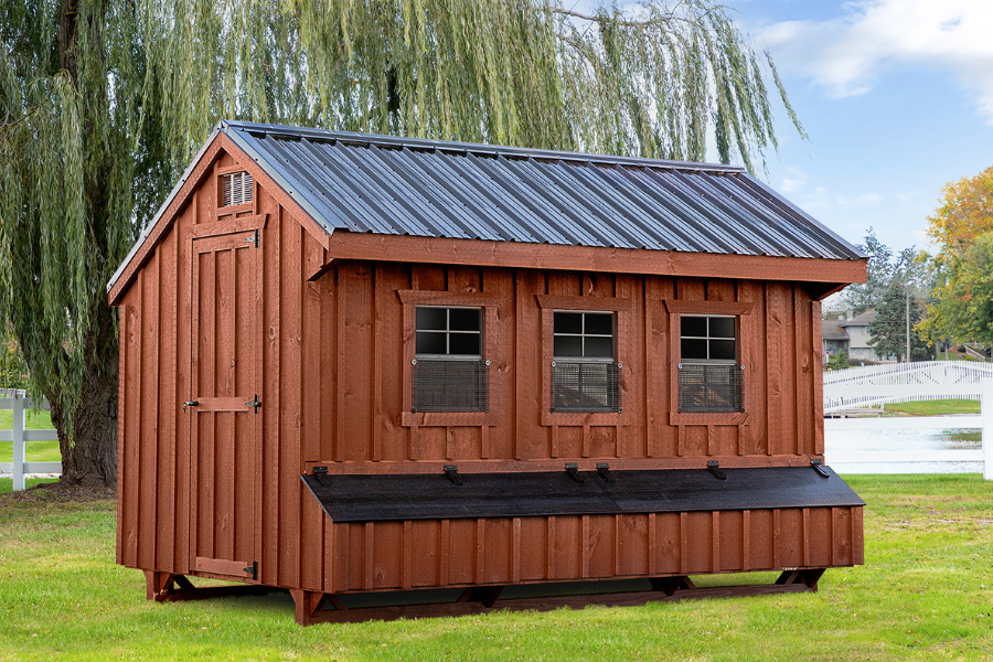 wooden quaker chicken coops for sale in Arlington VA with black metal roof three windows on front with two egg collection boxes underneath with black lids