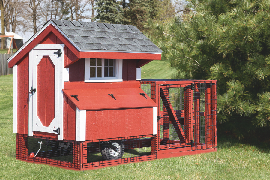 red tractor chicken coops for sale in Virginia Beach VA with white trim wheels and an attached run