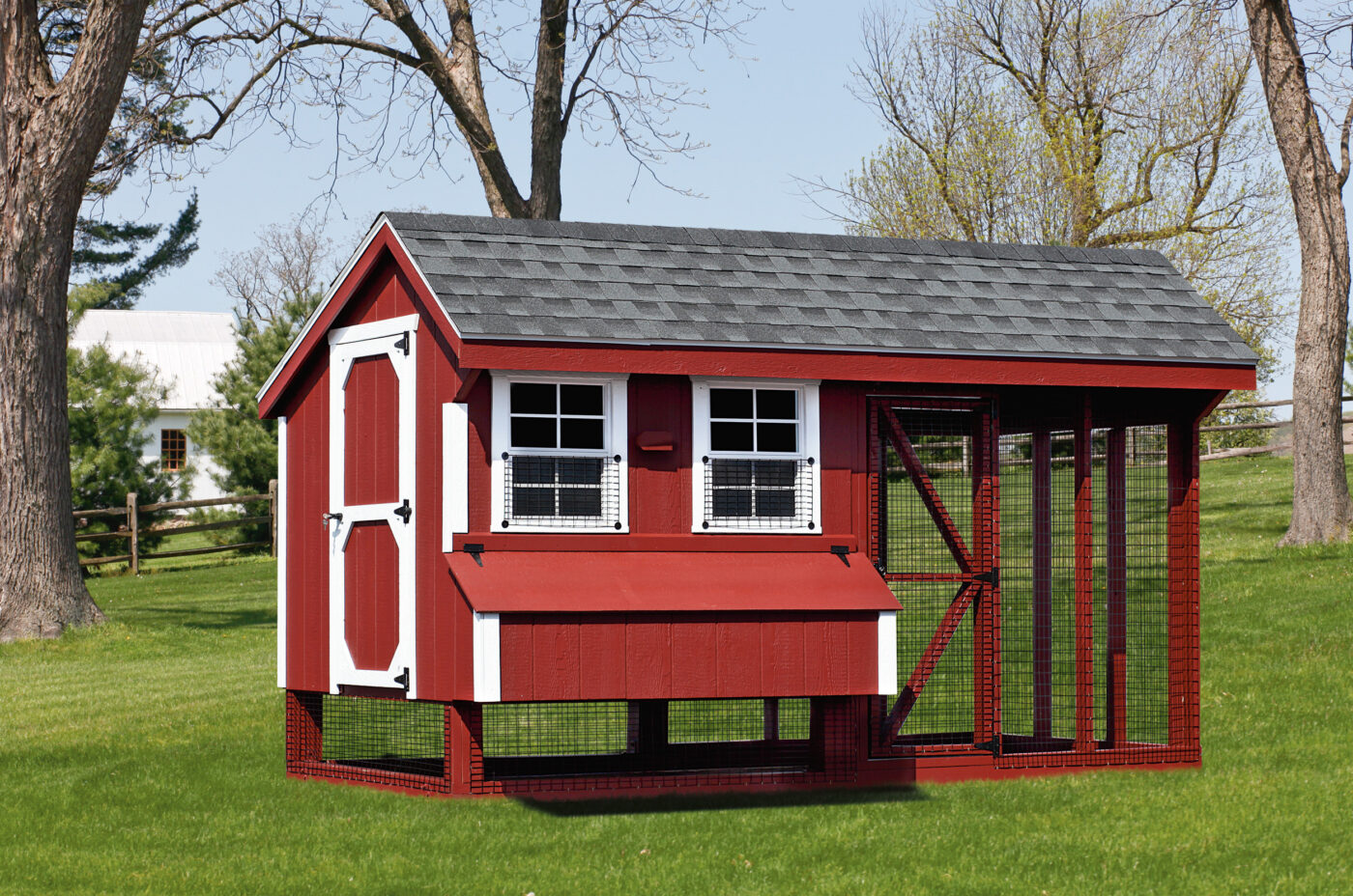 red combination chicken coops for sale in Chesapeake VA with white trim and attached run