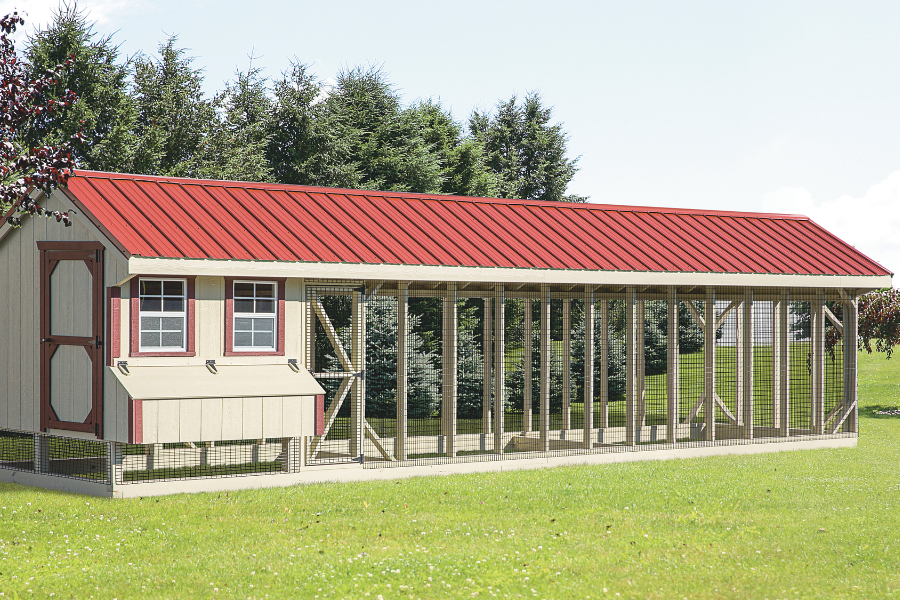 tan combination chicken coops for sale in Charleston WV with red trim and a red metal roof