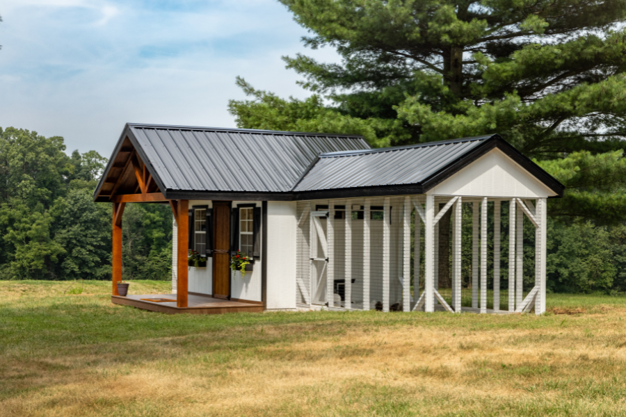 white combination chicken coops with black metal roof