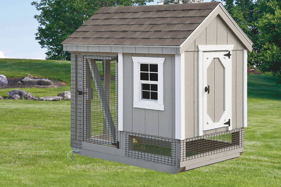light tangray combination chicken coops for sale in Huntington WV with white trim and shingle roof featuring an attached run
