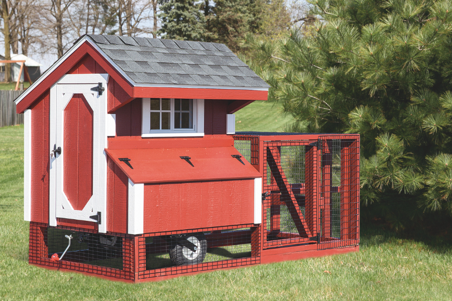 red and white trimmed tractor chicken coops for sale in Hunting WV with wheels and attached run